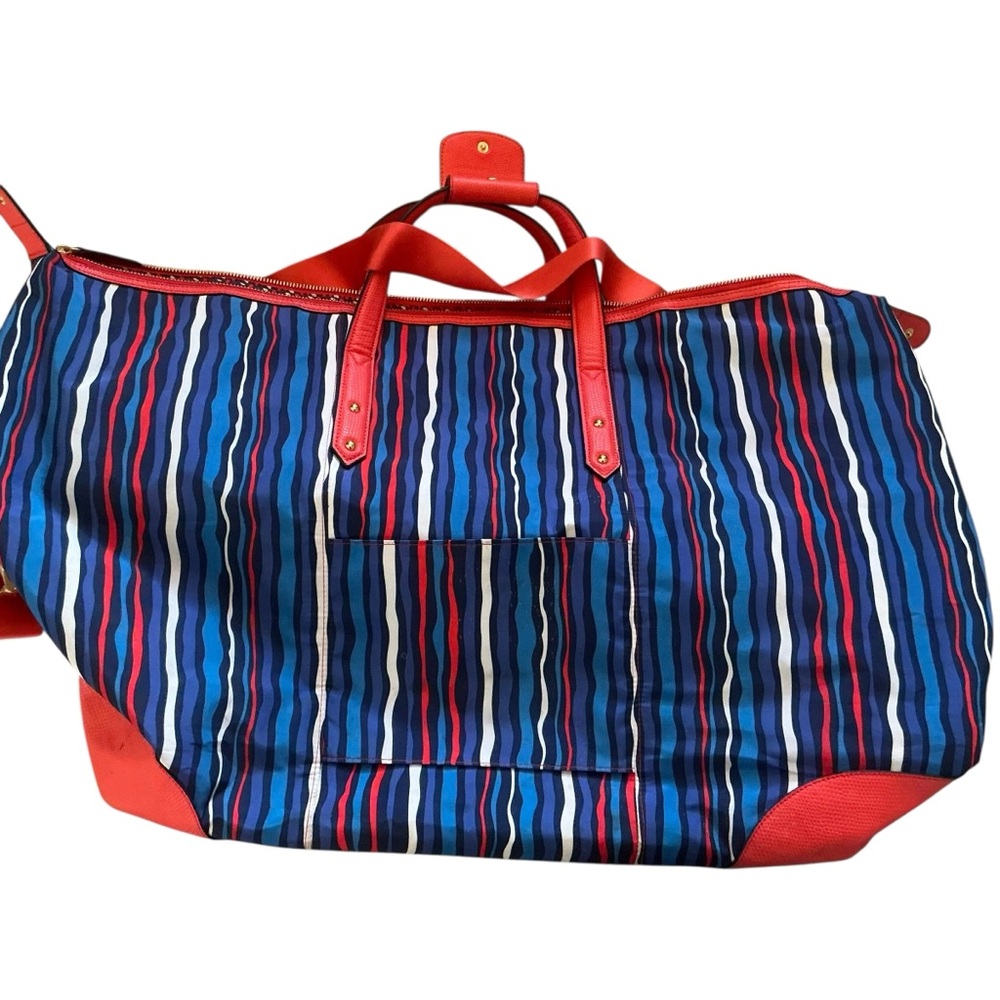 Vera Bradley large duffle bag cobalt stripe preppy poly stripe faux leather trim